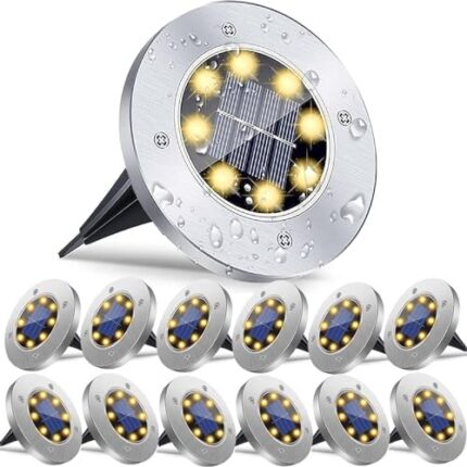 12 Pack Solar Ground Lights, Waterproof Solar Lights Outdoor Garden, Upgraded Outdoor Garden Bright in-Ground Lights, Disk Lights Landscape Lights for Pathway, Yard, Lawn, Patio, Walkway (Warm Light)