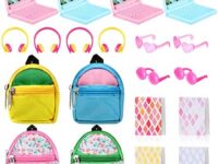 20 Pieces Doll Backpack Set Dollhouse School Accessories Doll Travel Supplies Include Mini Laptop Scene Simulation Backpack Bag with Zipper Mini Headsets Toy Sunglasses Book for 1/12 1/6 Scale