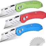 3Pack Folding Utility Knife, Stainless Steel Box Cutter with Quick Change Blade and Belt Clip for Cartons, Cardboard and Boxes, Extra 12pcs SK5 Blade