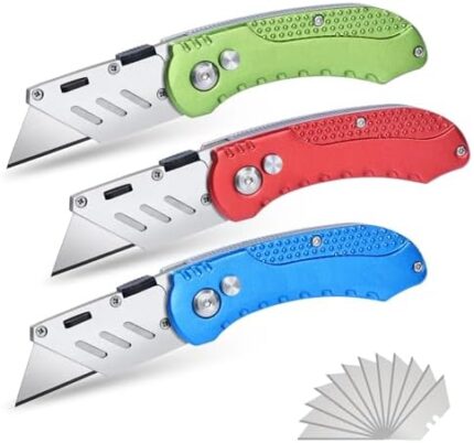 3Pack Folding Utility Knife, Stainless Steel Box Cutter with Quick Change Blade and Belt Clip for Cartons, Cardboard and Boxes, Extra 12pcs SK5 Blade