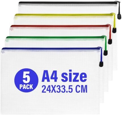 5 Pack A4 Mesh Zipper Pouch Bag,Waterproof Document File Bag,Zipper Bags for Office,School,Toys,Puzzle Organizing Storage,Cosmetics Travel Pouch Bags,File Pockets,Zip Wallets Folder(Dark color-5pcs)