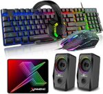 5 in 1 Wired Gaming Keyboard Mouse Headphone and Speaker Combo with Multi RGB Backlight Ergonomic 104 Key Adjustable Mic 2400DPI Mice Large Mousepad Waterproof for PC Mac Gamer Office Typist(Black)