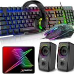 5 in 1 Wired Gaming Keyboard Mouse Headphone and Speaker Combo with Multi RGB Backlight Ergonomic 104 Key Adjustable Mic 2400DPI Mice Large Mousepad Waterproof for PC Mac Gamer Office Typist(Black)