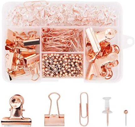 500PCS Office Stationery Set,Rose Gold Paper Clips Binder Clips Push Pins Round Head Pins 5 in 1 Box for Home School Office Supplies