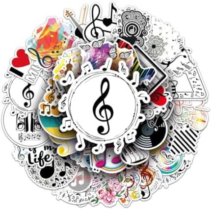 50Pcs Waterproof Music Stickers for Water Bottles Vinyl Musical Note Stickers for Kids Music Stickers for Laptop Guitar