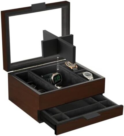 8 Slot Watch Box Case Organizer for Men, Black Finish, Watch Display Case, Modular Valet Tray, Apple Watch Compatible with Apple Watch Stand, Accessory Drawer, Pillow Stands