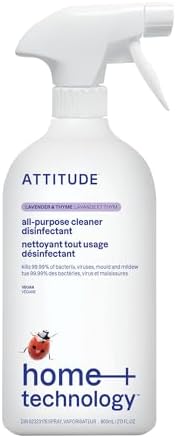 ATTITUDE All-Purpose Cleaner Disinfectant 99.99%, Eliminates Bacteria, Germs and Viruses, Multi-Surface Products, Vegan, Naturally Derived Multipurpose Cleaning Spray, Thyme and Lavender, 800 mL