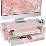 AUPSEN Computer Monitor Stands with Drawers and 2 Pen Holder, Desk Accessories & Workspace Desk Organizers, Monitor Stand for Computer, Laptop, Printer, Office Supplies(Pink)