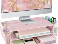 AUPSEN Computer Monitor Stands with Drawers and 2 Pen Holder, Desk Accessories & Workspace Desk Organizers, Monitor Stand for Computer, Laptop, Printer, Office Supplies(Pink)