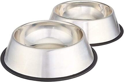 Amazon Basics Stainless Steel Pet Dog Water And Food Bowl - Set of 2, 11 x 3 Inches