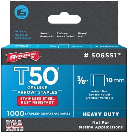 Arrow Fastener 506SS1 3/8-Inch Genuine T50 Stainless Steel Staples, 1,000-Pack