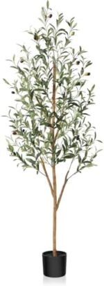 Artificial Olive Tree 5ft, Lush Faux Olive Tree for Indoor with Natural Wood Trunk and Lifelike Fruits, Silk Tall Fake Olive Tree for Home Decor Office Living Room, 1Pcs