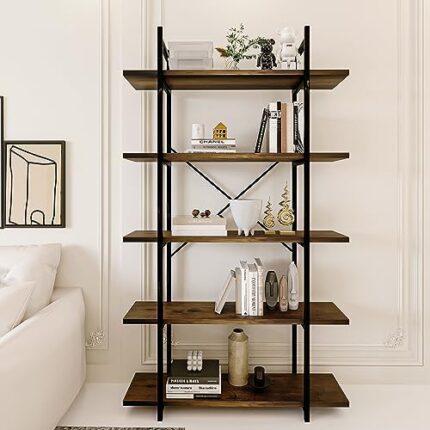 Azheruol 5 Tiers Bookshelf Organizer Industrial Shelf,Modern Open Display Storage Bookcase,Rustic Brown and Metal Bookshelf Standing Storage Shelf Tall Shelving Units for Home Office Study