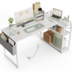 BEXEVUE Computer Desk with Power Outlets, 47 Inch L Shaped Desk with Reversible Shelves, Gaming Desk Corner Desk Study Work Desk for Home Office Bedroom Small Space, White