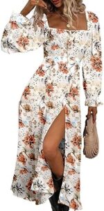 BLENCOT Women's Floral Print Puff Long Sleeve Maxi Dress Sexy Square Neck Tie Front Ruffle Hem Split A-line Beach Dresses