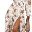 BLENCOT Women's Floral Print Puff Long Sleeve Maxi Dress Sexy Square Neck Tie Front Ruffle Hem Split A-line Beach Dresses