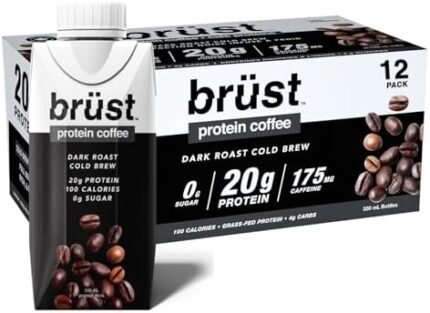 BRÜST PROTEIN COFFEE DARK ROAST - UNSWEETENED (20g Protein, 175mg Caffeine, 100 Calories) Full Bodied, Rich, and Black, 330mL, 12 Pack, Brust Cold Brew Iced Coffee - AS SEEN ON DRAGON'S DEN