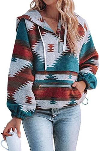 BZSFW Women Aztec Print Pattern Western Ethnic Half Zip Long Sleeve Pullover Hoodie Sweatshirt