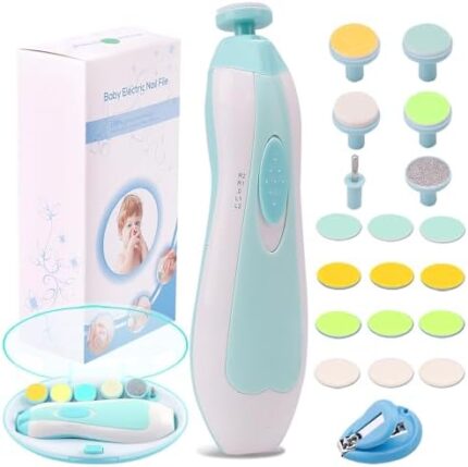 Baby Nail File Electric Nail Trimmer Manicure Set with Nail Clippers, Toes Fingernails Care Trim Polish Grooming Kit Safe for Infant Toddler Kids or Women, LED Light and 10 Grinding Heads (White/Teal)