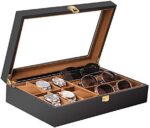 Baskiss 6 Slots Watch Box and 3 Slots Eyewear Sunglass Storage Box, Solid Wood Watch Display Storage Case Jewelry Organizer with Clear Top