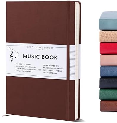 Beechmore Books Blank Sheet Music Notebook - A4 Brown 156 Thick Pages 8.2 x 11.6 inch| 10-Staff Hardcover Vegan Leather 120gsm Composition Manuscript Paper - Boxed for Gifts Writers, Musicians