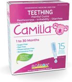 Boiron Camilia Baby Teething Relief Medicine, 15 unit-doses (1 ml each). Camilia relieves pain, restlessness, irritability and diarrhea due to teething. Benzocaine-Free and Preservative-Free with Natural Active Ingredient,No Sugar, No Dye