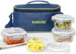 Borosil Glass Universal Lunch Box Set of 4, (2pcs 320 ml sqr + 2pcs 240 ml Rnd) Microwave Safe Office Tiffin