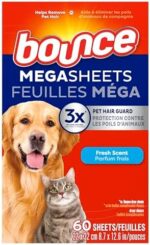 Bounce Dryer Sheets, Pet Hair and Lint Guard, Mega Size, Fresh Scent, 60 Count