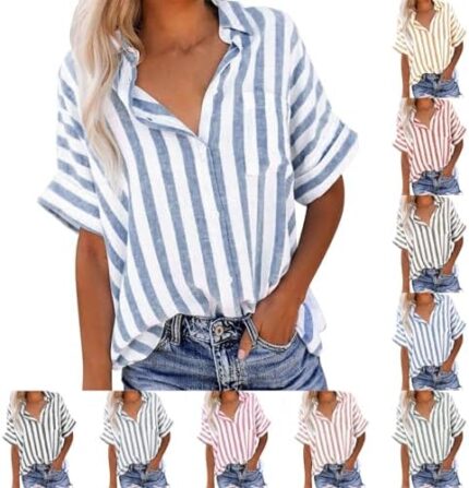 Button Shirts for Women Striped Short Sleeve Collared Blouses V Neck Roll Up Casual Trendy Tops 2024 Summer Shirt