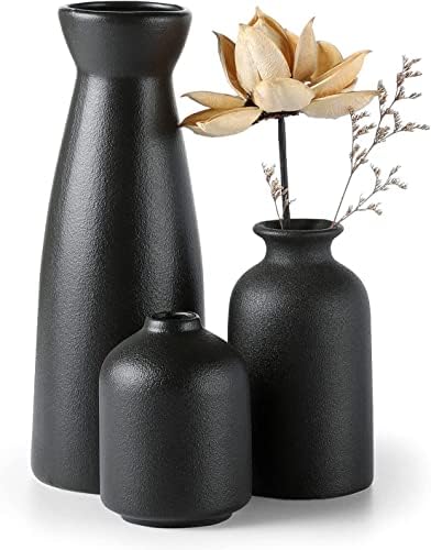 CEMABT Black Ceramic vase Set-3 Small Flower vases for Decor,Modern Boho Farmhouse Home Decor,Decorative vase for Pampas Grass&Dried Flowers,idea Shelf,Table,Bookshelf ，Entryway- Distresse