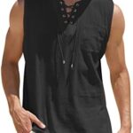 COOFANDY Mens Fashion T Shirt Cotton Tee Shirts Sleeveless Tank Top Lace Up Beach Hippie Bohemian Renaissance Pirate Tunic