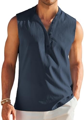 COOFANDY Sleeveless Beach Shirts for Men Summer Tank Shirts Casual Henley Tank Top