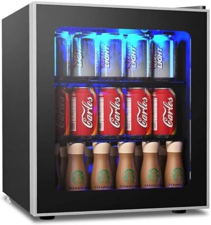 COSTWAY 60 Can Mini Beverage Fridge, Freestanding Beverage Refrigerator Cooler with Glass door, Removable Shelves for Soda Beer Wine, Small Drink Bar Fridge for Home Living Bedroom, 1.6 cu.ft