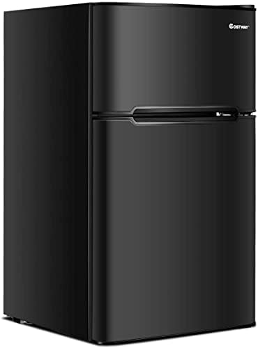 COSTWAY Compact Refrigerator, 3.2 cu ft. Unit 2-Door Mini Freezer Cooler Fridge with Reversible Door, Removable Glass Shelves, Mechanical Control, Recessed Handle for Dorm, Office, Apartment (Black)