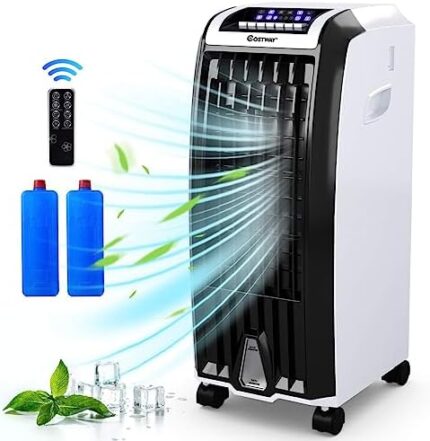 COSTWAY Evaporative Cooler, 4-in-1 Cooling, Fan, Humidifier and Anion, with 3 Wind Modes, 3 Speeds, 7.5H Timer, Portable air cooler with Remote, Built-in Handle, 4 Wheels for Home, Office