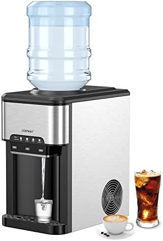 COSTWAY Water Dispenser with Ice Maker, Hold 3-5 Gallon Bottle, 3-in-1 Countertop Top-Loading Hot Cold Water Cooler Machine for Home Office, Safety Lock, 48Lbs/24H, 12 Cubes, 4Lbs Storage Basket