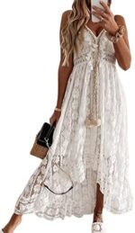 CUPSHE Women's Summer Slip Boho Maxi Dress Lace Up Tassel V-Neck Flare Ruffle Beach Dresses White