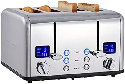 CUSIMAX 4 Slice Toaster, Ultra-Clear LED Display & Extra Wide Slots, Dual Control Panels of 6 Shade Settings, Cancel/Bagel/Defrost Function, Removable Crumb Trays, Stainless Steel Toaster