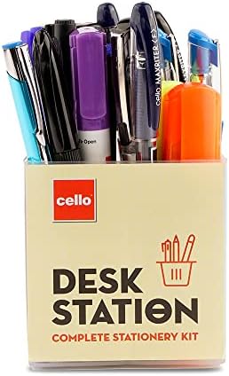 Cello Desk Station, Assorted office stationery items| Ball Pens, Marker, Highlighters |23 Stationery items & 1 pen stand| Ideal for office and home use, Multicolor | Best pen for Exam(Plastic)