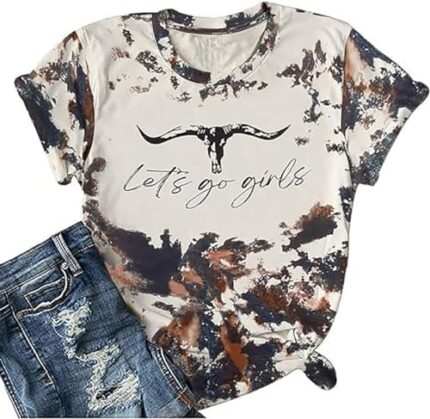 DUTUT Let's Go Girl Shirt Women Western Bleached T-Shirt Retro Country Music Tee Shirt Cowgirls Shirts Short Sleeve Tops