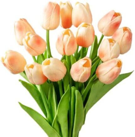 DecoForU 15 Pcs Artificial Tulips Flowers Real Touch Fake Flowers Artificial Flowers PU Artificial Tulips Flowers Arrangement Bouquet Decoration for Home (Morning Sun and Cloud)