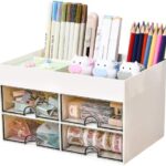 Desk Supplies Organisers, Desk Organiser with 4 Drawers White, Multifunctional Desk Organiser, DIY Desk Accessories Decor Pen Holder, Drawers Desktop Stationery Storage Box for Office School Home