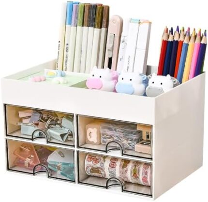 Desk Supplies Organisers, Desk Organiser with 4 Drawers White, Multifunctional Desk Organiser, DIY Desk Accessories Decor Pen Holder, Drawers Desktop Stationery Storage Box for Office School Home