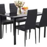 Dining Table Set 5-Piece, Glass Tabletop Kitchen Table & Chair Set,for Dining Room, Ideal for Kitchen, and Breakroom, 4 Faux Leather Metal Frame Chairs Sleek and Stylish Design - Black