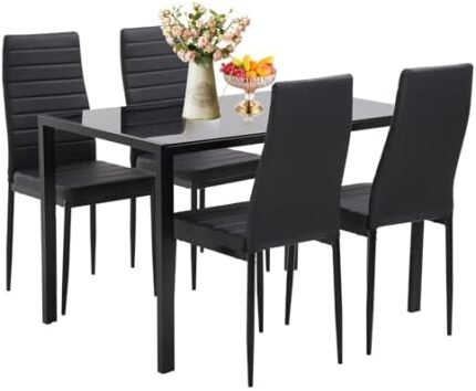 Dining Table Set 5-Piece, Glass Tabletop Kitchen Table & Chair Set,for Dining Room, Ideal for Kitchen, and Breakroom, 4 Faux Leather Metal Frame Chairs Sleek and Stylish Design - Black