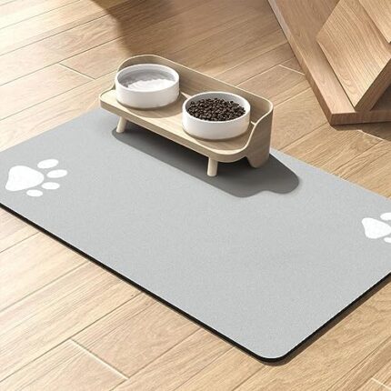 Dog Cat Food Mat Pet Bowl Mat Absorbent No Stains Quick Dry-Innovative Pet Supplies Dog Cat Accessories-Water Dispenser Mat for Messy Drinkers-Light Grey with Paw Pattern 12"x19"