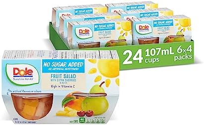 Dole Fruit Bowls Fruit Salad with Extra Cherries in Water, No Sugar Added, Healthy School Snacks, 107ml, 24 Cups, Packaging May Vary