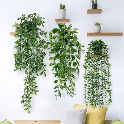 Dremisland 3Pcs Artificial Hanging Plants-Artificial Hanging Plants Potted Greenery Decor-Eucalyptus Mandala Snow Pea Vine in Pot Plants for Office Farmhouse Home Indoor Outdoor Decor