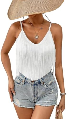 ELLA LUST Womens Fringe Tank Top - Western Festival Clothing Cowgirl Tassel V Neck Rave Country Concert Outfits Boho Camisole