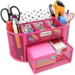 EasyPAG Desk Organizer Mesh Desktop Office Supplies Multi-functional Caddy Pen Holder Stationery with Drawer,Pink